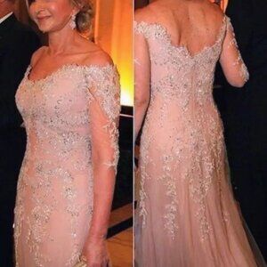 Elegant Peach Lace Evening Gown